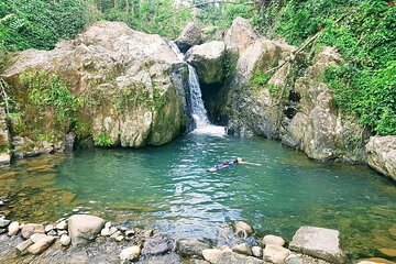 A clear river pool below a run of falls in the mountains
